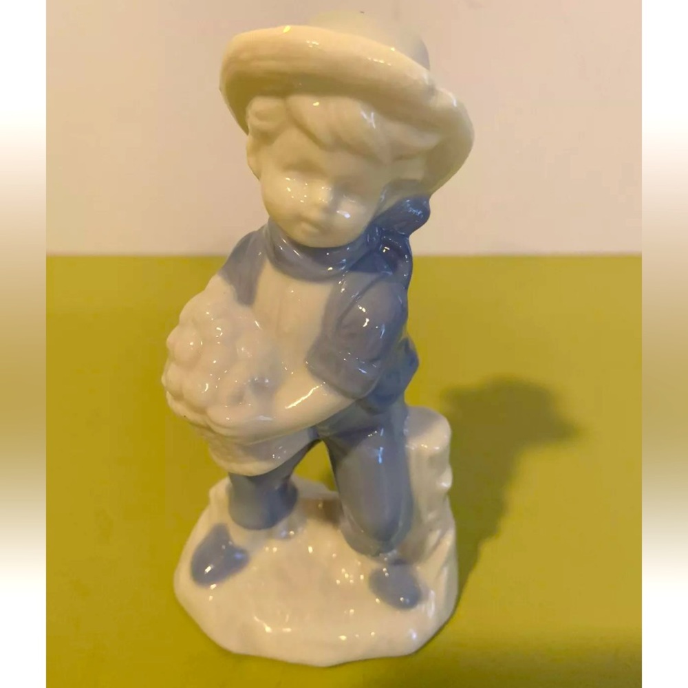 Vintage Porcelain Boy Figurine Carrying Basket Glossy Blue & White